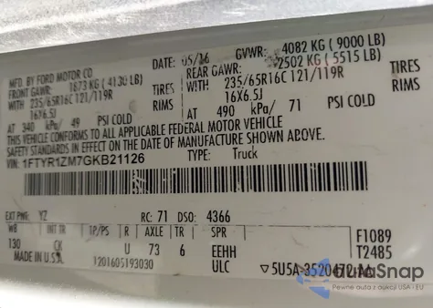 2016 Ford Transit T-250 from USA, damaged, VIN 1FTYR1ZM7GKB21126